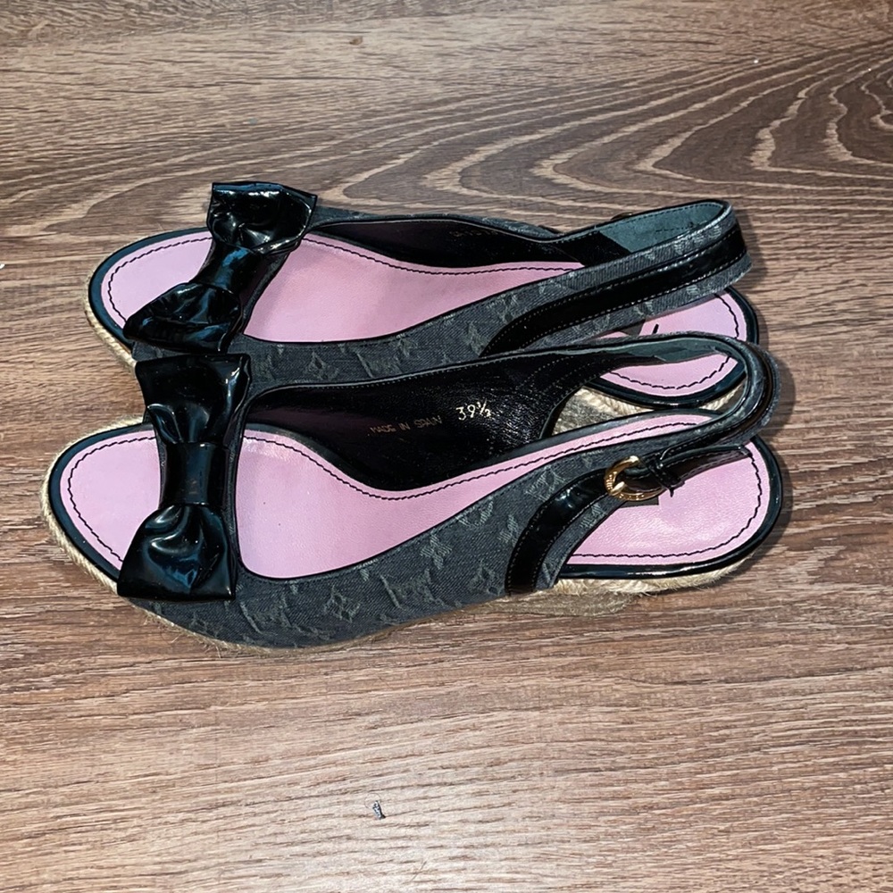 Louis Vuitton Black LV Monogram Denim Jute Wedges